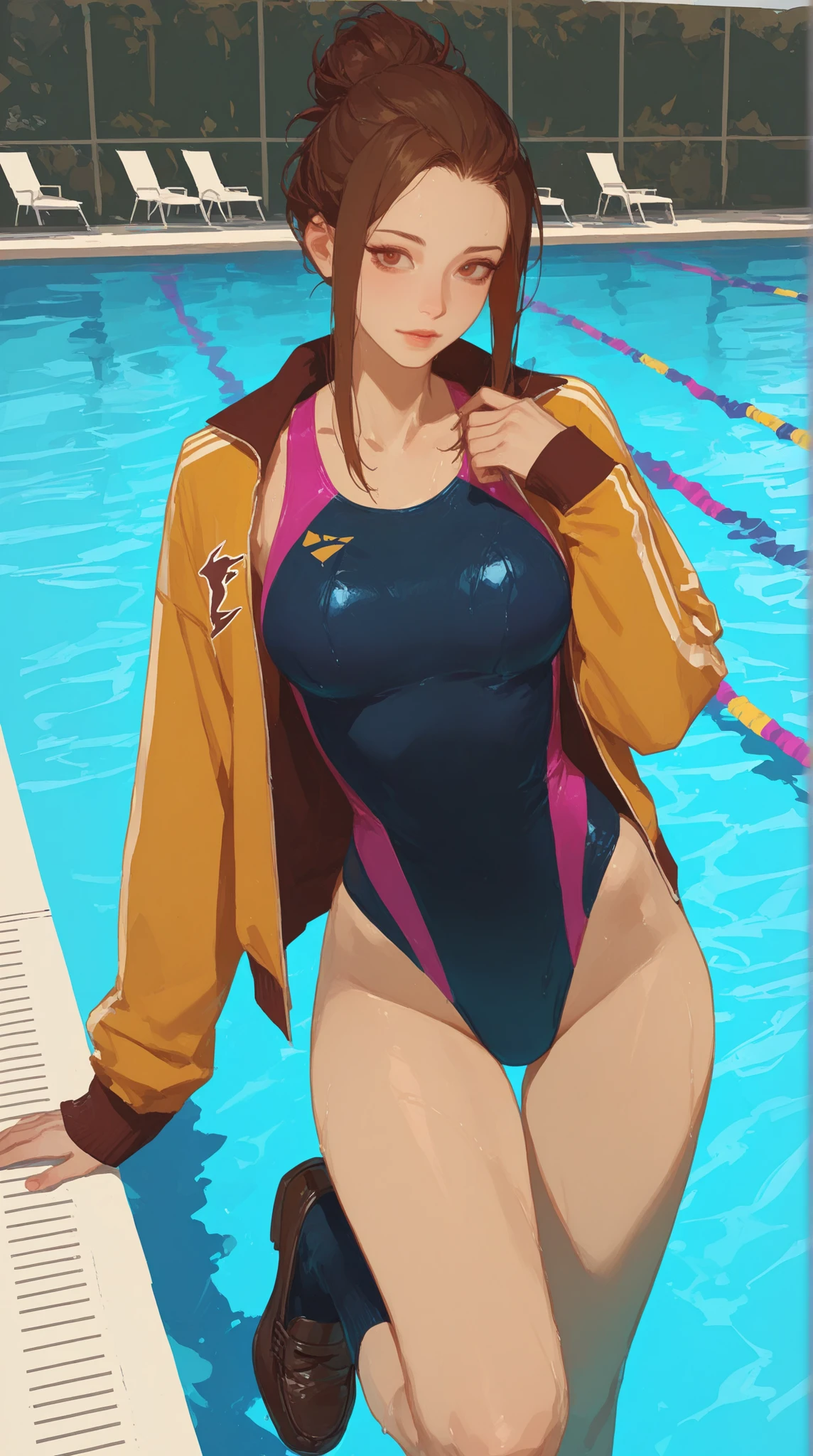 masterpiece、highest quality、High resolution、Two realistic girls、Competitive swimmer、Close-up of a person、Wearing a yellow bodysuit、During Competitive swimmerics competitions、smile、Swimming Venues、Sexy competitive swimsuit