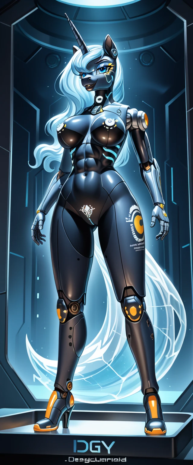 Woman body defined thick thighs cybernetic body parts, short underwear, cyborg warrior girl flat horizon photo, Girl android ,dynamic pose, she moves forward, she has long light blue hair, hair tied up in a ponytail, she has a mask on her face, a respirator, a woman with sexy hips, incredibly beautiful blue eyes and a gas mask on her face, half cyborg, technological modifications. Cool girl, Beautiful face, pretty face, look at the camera, blue metal cybernetic android robot body, Large, wide hips, suit with blue indicator lines with many blue details, bare thighs, blue colour corset, blue glowing lines on clothing details, realistic face with detailed elaboration, long eyelashes and expressive blue eyes, cybernetic armor with a blue glow from under the joints and joints, she has blue eyes , frame with a flat horizon, Anime Style design, blue Lasers, blue smoke fountain on background Cyberpunk style, high image detail, 4k quality, the camera films Her from below, lower angle of photography, black background image of a night black city and blue neon lights, blue lamps, blue lighting, blue flashes IN THE BACKGROUND are the blue lights