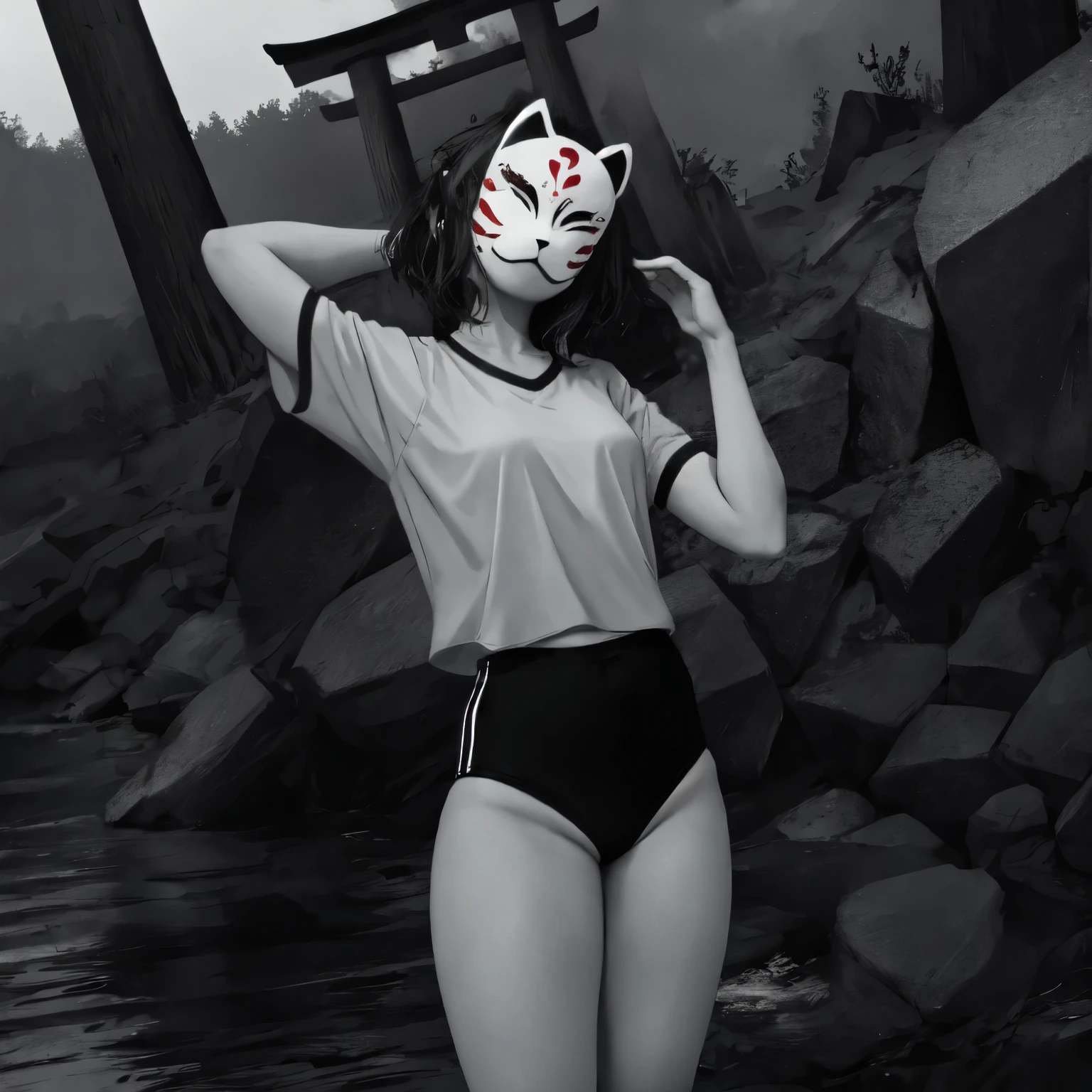 monochrome,anbu,1girl,medium hair,black hair,wearing a black gymnastics bloomers,highleg,selfwedgie,white blouse,standing,torii,solo,