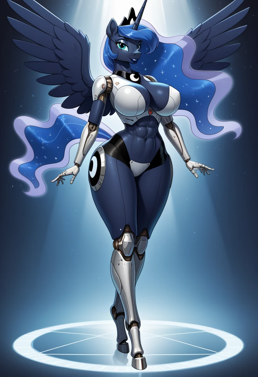 8k ((full body view:1.5)) (large eyes:1.3), defined cheekbones, 1woman, ((pointy horns:1.7)), ((the pit style:1.4)) ((defined jawline:1.2)) ((sleek majestic bodysuit:1.6)) (detailed face:1.5), blue skin,(puffy lips:1.5) (blue skin:1.6), (bald woman:1.7), (skinhead) ((stands confident)),(Muscular:1.3), ((gigantic breasts:1.8)) ((front view:0.6)), )highly detailed, majestic, digital photography, art by artgerm and ruan jia and greg rutkowski, ((metal wings on back:1.4)), (masterpiece, sidelighting, intricate details, (((black color palette)))