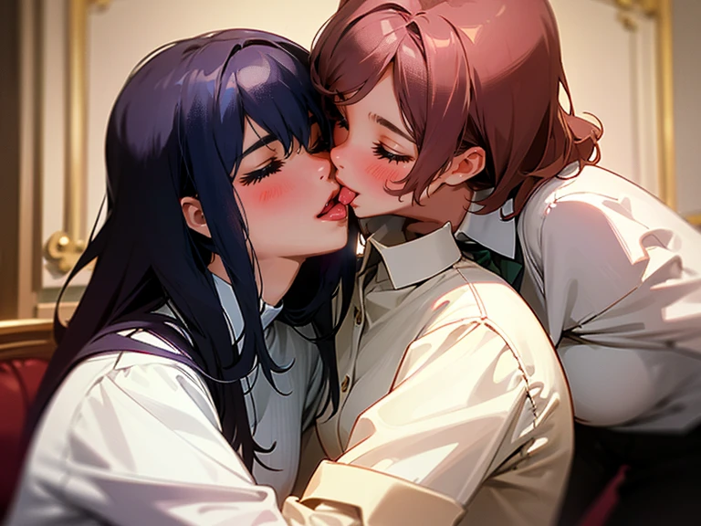 Masterpiece, best quality, highres, couple, netorare, 1boy, 1girl, kissing, tongue, french kiss, upper body face, close up, from side