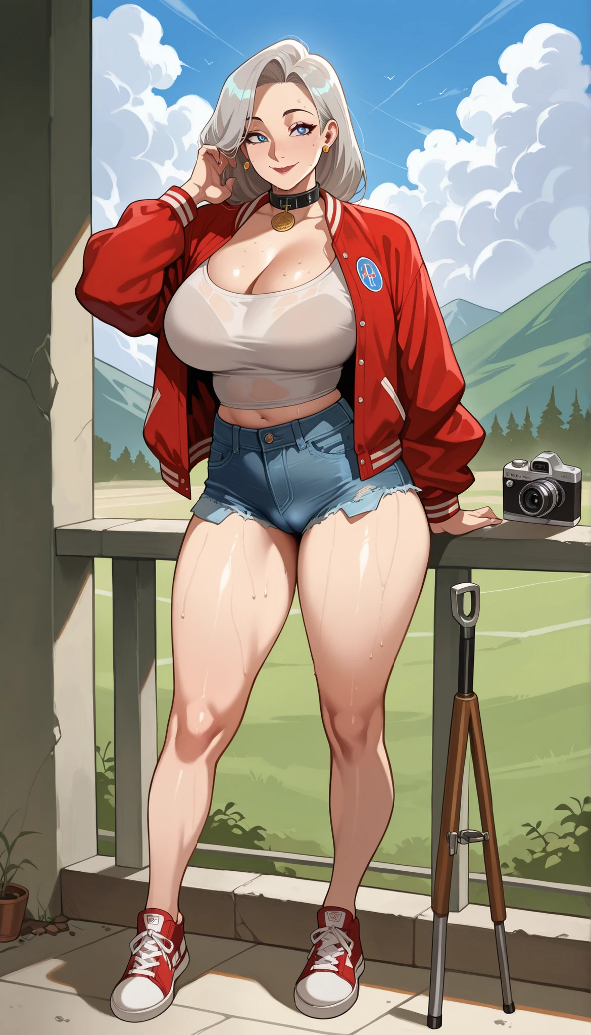 1female,36 years old,MILF,mature,Bigchest,Big breasts Thin waist,slenderlegs,long leges,Busty and sexy,Pornographic exposure, solo,(Background with:bamboo forrest,clubs) She has long silver-gray hair,standing on your feet,Sweat profusely,drenched all over the body,seen from the front, hair straight, mostly cloudy sky,(((tmasterpiece),(Very detailed CG unity 8K wallpaper),best qualtiy,cinmatic lighting,detailed back ground,beatiful detailed eyes,Bright pupils,(Very fine and beautiful),(Beautiful and detailed eye description),Blue eyes,Redlip,ultra - detailed,tmasterpiece,)),facing at camera,A high resolution,ultra - detailed),revealing breasts,Bare genitalia, Bulge,legs are open,sexyposture,Camel toes,Flushed complexion,Smile,frontage,(Wearing:Red baseball jacket,Black slave collar,Sexy denim shorts,athletic sneakers)