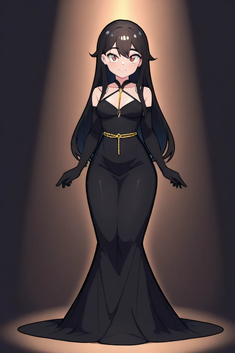 Masterpiece, Improved quality, High quality, Good anatomy, Well-formed hands, Healthy body, Intact fingers, Normal digits, Girls, 16k quality, perfect body, twintail hair, black hair, shoulder length hair, off shoulder black dress, stockings, shoes, demon girl, horns, demon ear, earring, elegant, small breasts, both hands on hips, angry face but jealous and annoyed, beautiful, full body on images, in the main hall castle, sleeveless dress, pouting, purple eyes