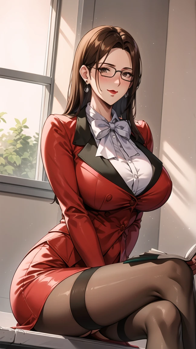 1人の女性、brown haired(Curta)、Brown eyes、Black-rimmed glasses、 Best Quality、ultra-detailliert、8K resolution、Raw photo、seductive boobs、gorgeous faces、schools、Blazer Uniform、18year old