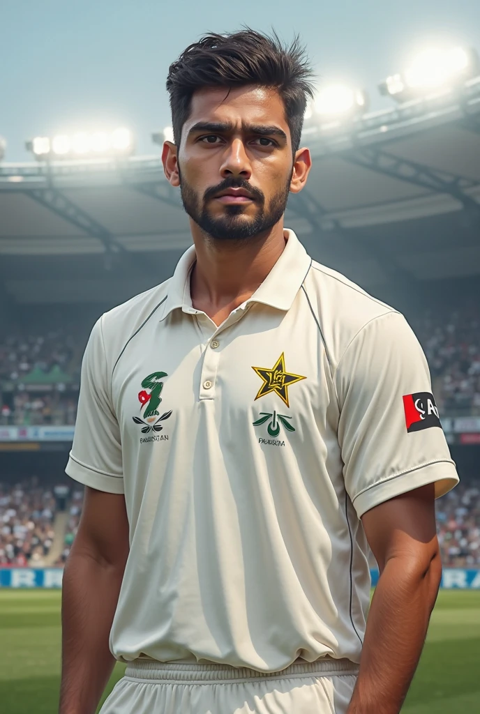 Babar Azam raising hand with cricket ball in hand and lead the team towards the pavillian after picking up 5 wicket haul in test match vs Bangladesh in Real Cricket 24