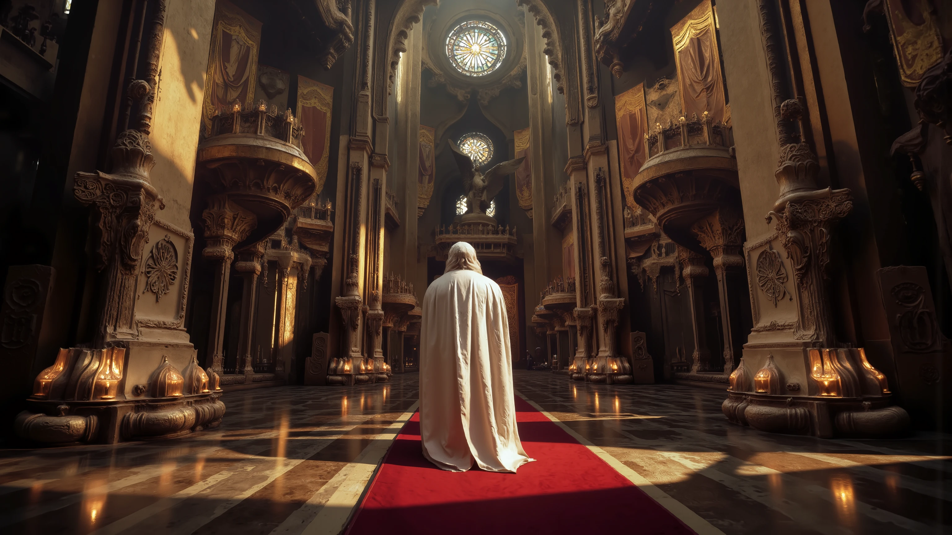 A figure in a robe shines magnificently and magnificently, mysterious space,Towering, into the intricate environment,The mood was A carefully designed column of quiet contemplation and awe evokes a fusion of ancient and futuristic architecture. Light pours in from a high, Round windows, Projection of a soft, Ethereal Light . Two other figures can also be seen in the distance, adds a sense of scale and mystery to the atmosphere. in this landmark, 几乎是otherworldly的环境.The interior of the majestic cathedral evokes a sense of sacred ceremony,The church has metal pipes and golden circuit textures, The ethereal light passes through tall stained glass windows, illuminates the majesty along the grand red carpet. High vaulted ceilings and intricate stone carvings add grandeur, ,Banners on the wall. A giant angel statue standing at the far end, dominates the space. The path is lined with candles, on the polished floor The crowd gathered with shimmering shadows wearing red hooded cloaks. The atmosphere is both respectful and awe-inspiring, in this grand architectural miracle.surrounded by intricate golden circuitry textured stone carvings. Imposing architecture. Central Figure, with long white hair,A woman wearing a white robe,The inside of the robe is red,There are metal pipes and gold circuit textures on the body, is attention-grabbing, led the team to the gorgeous entrance. illuminated by natural sunlight, Casting soft shadows,evoking people's sense of grandeur and celebration. Emphasizes the striking contrast between shadow and light.Dimensionally Transforming Architectural Design,A building made entirely of geometric shapes,unreal engine:1.4,ultra-high definition,is the best quality:1.4, fotor realist :1.4, masterpiece:1.8, otherworldly, , Colonies of a New Planet, gloomy atmosphere, Wild atmosphere, Harsh environment, was amazing, was amazing的艺术品. (is the best quality,4K, 8,000,high resolution, masterpiece:1.2), ultra-detailed ,( realist ,fotor realist ,fotor realist :1.37),HDR,ultra-high definition,studio lighting, Ultra-thin paint, Clear Focus, Physically Based Rendering, an old Japanese house, Professional, Dream Cities, The capital of the empire, Super tall skyscrapers. A space tower for docking interstellar cruisers, Piercing the Sky, The river runs through the city, A waterfall in a city garden, Super-High Falls , Never sleep. , The miracle of its architecture is reflected in futuristic style,The city is full of life, Modern technology blends seamlessly with traditional Arabian luxury urban structures.. This is an was amazing piece of art, Use Pixai, The powerful artificial intelligence model comes to life, limitless creativity and possibilities that unleash our imagination. Experience the futuristic cityscape on Pixai,Immerse yourself in a spooky world of art, A bottomless crack filled with lava, Lava Falls , Fire and Smoke , A transport spaceship is anchored in the cosmodrome, Science Fiction,metallic texture,大Wide-angle composition。A sense of emptiness in the scene,Sacred, Grid light and shadow,a golden ring in the sky shines,on the body creates a sense of depth and perspective, Dark Tones,Film composition ,Wide-angle composition,Movie lighting ,Art by Piotr Jabłońsrk4RT,Billie Eilish