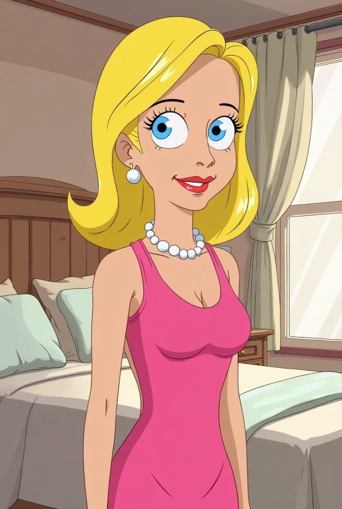 Pristine,short hair,blonde hair,black eyes,standing, solo,  eyeshadow, cowboy shot,  sitting, 
white Dress, large cleavage,bare shoulders,strapless,  necklace,  earrings, 
fancy white house,
(insanely detailed, beautiful detailed face, masterpiece, best quality), <lora:pristine-10:0.7>