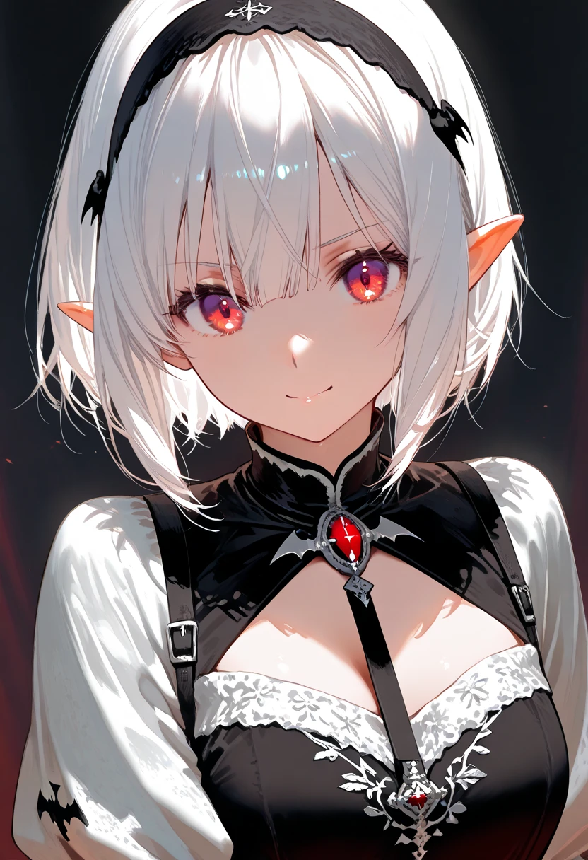 (portrait from the waist up),(Elf girl),((two colored hair, short white hair with black hair streak)),(((light shine red eyes))), warm light,( 16 years old),portrait Pose,Dramatic,Cinematic,Detailed background, Dynamic Angle,From the angle of the film,Gothic background, Dark fantastic view,Best Quality,masutepiece,8K,The ultimate detailed dark background, Top image quality, RAW photography, 超A high resolution,cropped shoulders, overall look is very erotic、Shot for one person only, model shoot, round chest, Beautiful Eyes of Details、Very slender eyes、Beautiful eyelashes、Very slim physique, with blush cheeks