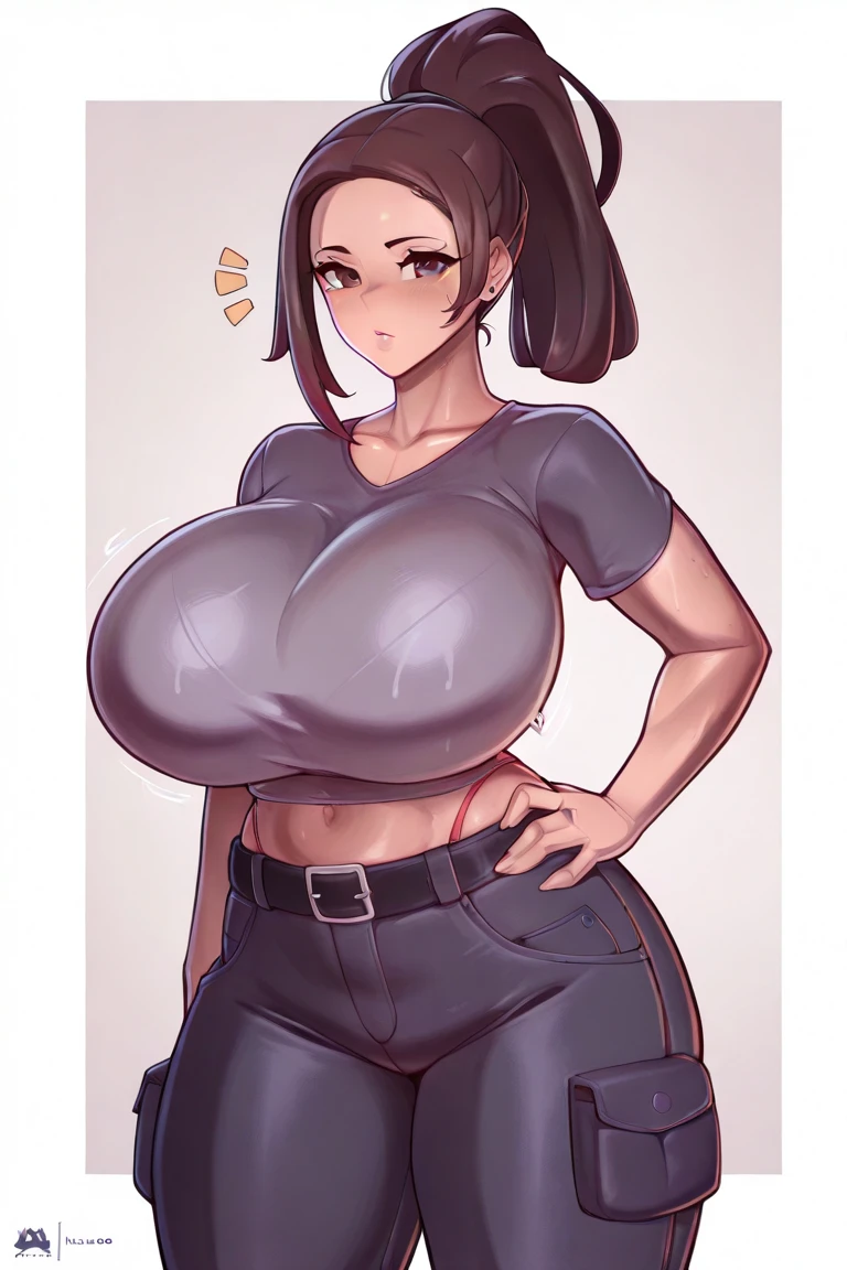 (masterpiece:1.2), (best quality:1.2)
1girl, solo, long hair, breasts, looking at viewer, blush, smile, simple background, shirt, black hair, white background, cleavage, jewelry, thighs, shorts, belt, necklace, covered nipples, hand on hip, thick thighs, large areolae, gigantic breasts