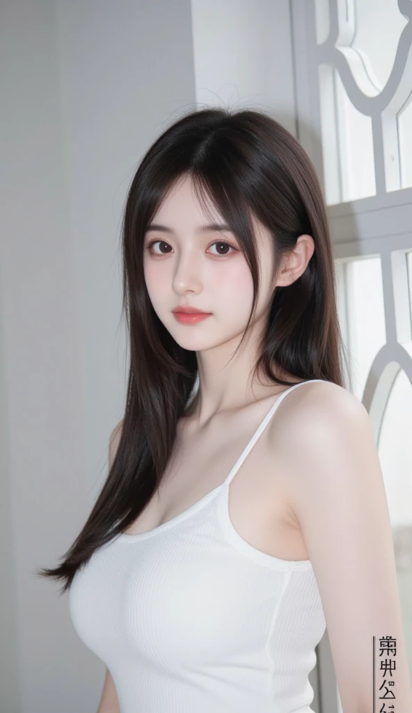 realistic photos of (1 cute Korean star) flipped hair, thin makeup, big breasts, sexy erotic tiny string of G-string lingerie, at the train station, clear facial features of Canon EOS, 16k, high resolution, sharp and realistic details, overexposure, cut-in, UHD, high res, best quality, 3/4 body, little smile, (sweating), ((long hair))