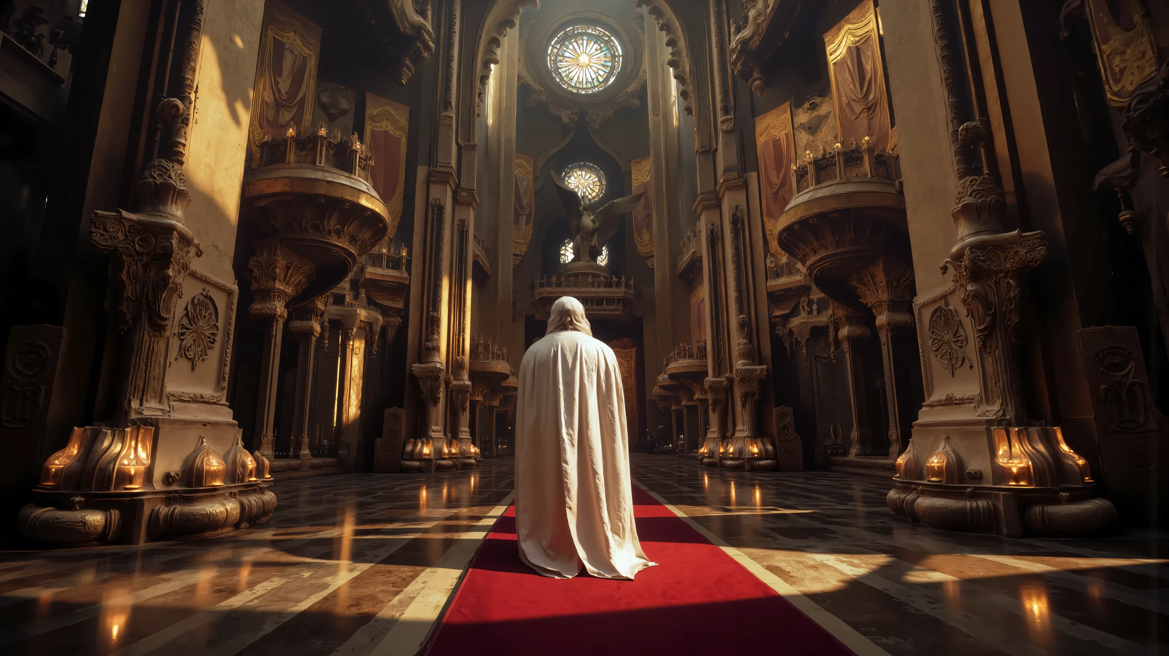 A figure in a robe shines magnificently and magnificently, mysterious space，Towering, into the intricate environment，The mood was A carefully designed column of quiet contemplation and awe evokes a fusion of ancient and futuristic architecture. Light pours in from a high, Round windows, Projection of a soft,  Ethereal Light . Two other figures can also be seen in the distance, adds a sense of scale and mystery to the atmosphere. in this landmark, 几乎是otherworldly的环境.The interior of the majestic cathedral evokes a sense of sacred ceremony,The church has metal pipes and golden circuit textures， The ethereal light passes through tall stained glass windows, illuminates the majesty along the grand red carpet. High vaulted ceilings and intricate stone carvings add grandeur, ，Banners on the wall. A giant angel statue standing at the far end, dominates the space. The path is lined with candles, on the polished floor The crowd gathered with shimmering shadows wearing red hooded cloaks. The atmosphere is both respectful and awe-inspiring, in this grand architectural miracle.surrounded by intricate golden circuitry textured stone carvings.  Imposing architecture. Central Figure, with long white hair，A woman wearing a white robe，The inside of the robe is red，There are metal pipes and gold circuit textures on the body, is attention-grabbing, led the team to the gorgeous entrance. illuminated by natural sunlight, Casting soft shadows，evoking people's sense of grandeur and celebration. Emphasizes the striking contrast between shadow and light.Dimensionally Transforming Architectural Design，A building made entirely of geometric shapes，unreal engine:1.4,ultra-high definition,is the best quality:1.4, fotor realist :1.4,  masterpiece:1.8, otherworldly, , Colonies of a New Planet, gloomy atmosphere, Wild atmosphere, Harsh environment, was amazing, was amazing的艺术品. (is the best quality,4K, 8,000,high resolution, masterpiece:1.2), ultra-detailed ,( realist ,fotor realist ,fotor realist :1.37),HDR,ultra-high definition,studio lighting, Ultra-thin paint, Clear Focus, Physically Based Rendering, an old Japanese house, Professional, Dream Cities, The capital of the empire, Super tall skyscrapers. A space tower for docking interstellar cruisers, Piercing the Sky,  The river runs through the city, A waterfall in a city garden,  Super-High Falls , Never sleep. , The miracle of its architecture is reflected in futuristic style，The city is full of life, Modern technology blends seamlessly with traditional Arabian luxury urban structures.. This is an was amazing piece of art, Use Pixai, The powerful artificial intelligence model comes to life, limitless creativity and possibilities that unleash our imagination. Experience the futuristic cityscape on Pixai，Immerse yourself in a spooky world of art, A bottomless crack filled with lava,  Lava Falls , Fire and Smoke , A transport spaceship is anchored in the cosmodrome, Science Fiction，metallic texture，大Wide-angle composition。A sense of emptiness in the scene，Sacred, Grid light and shadow，a golden ring in the sky shines，on the body creates a sense of depth and perspective, Dark Tones，Film composition ，Wide-angle composition，Movie lighting ，Art by Piotr Jabłońsrk4RT，Billie Eilish