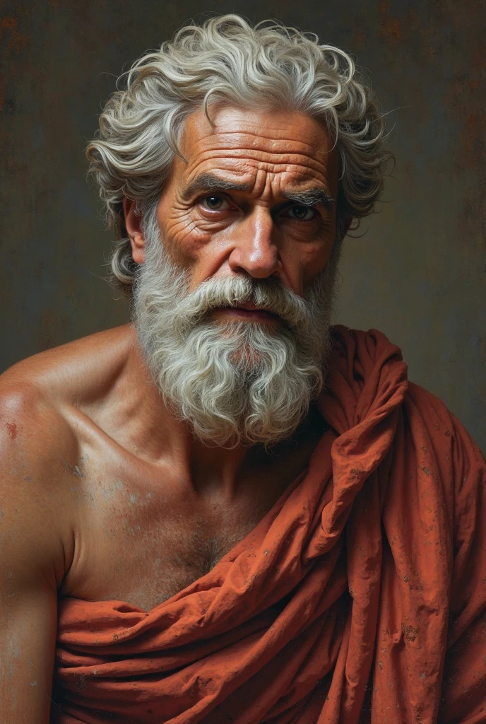 "A highly detailed and realistic full-body portrait of Job (Jo) from the Bible. He is an older man with a full, graying beard. His face and body are marked by deep sorrow and suffering, covered in painful sores and wounds. His posture is weary, with slumped shoulders and a downcast expression, symbolizing the weight of his afflictions. His clothing is torn and dirty, hanging loosely on his frail body. The background is dark and somber, emphasizing the intensity of his pain and despair. The focus should capture both the expression of agony on his face and the frailty of his body, reflecting the depth of his suffering and the endurance of his faith."