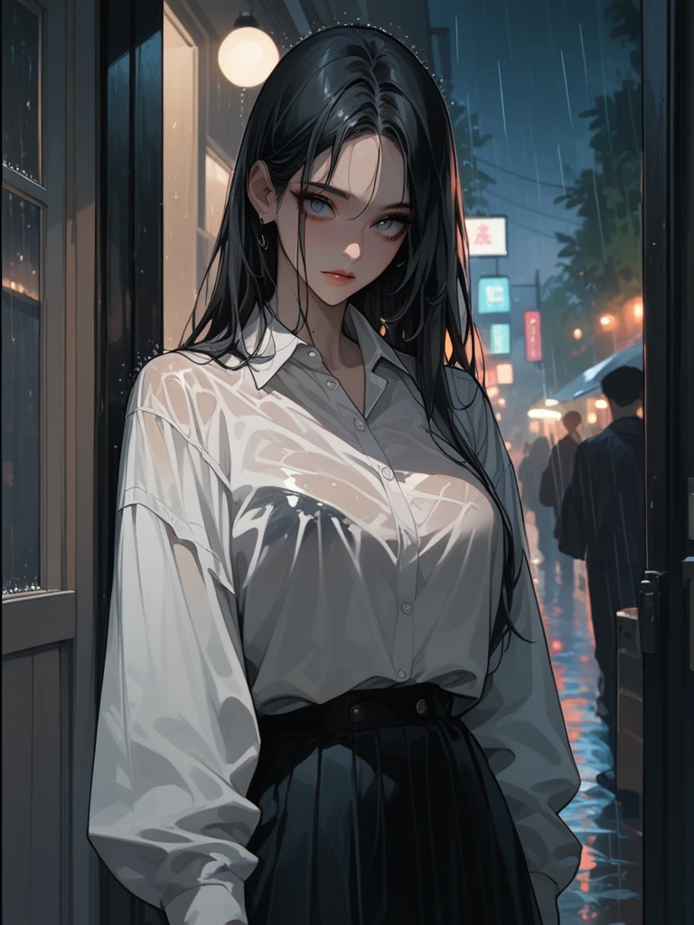 (highest resolution, clearly_image) best quality, ((((1 female))), masterpiece, pale color, Very detailed, cityscape at night, semi-realistic, wet black hair, wet straight hair, Poker face, Bangs, heavy rain, 21 years old, Mature, young, wet white shirt, outdoor, delicate facial features, facial features, medium shot,
