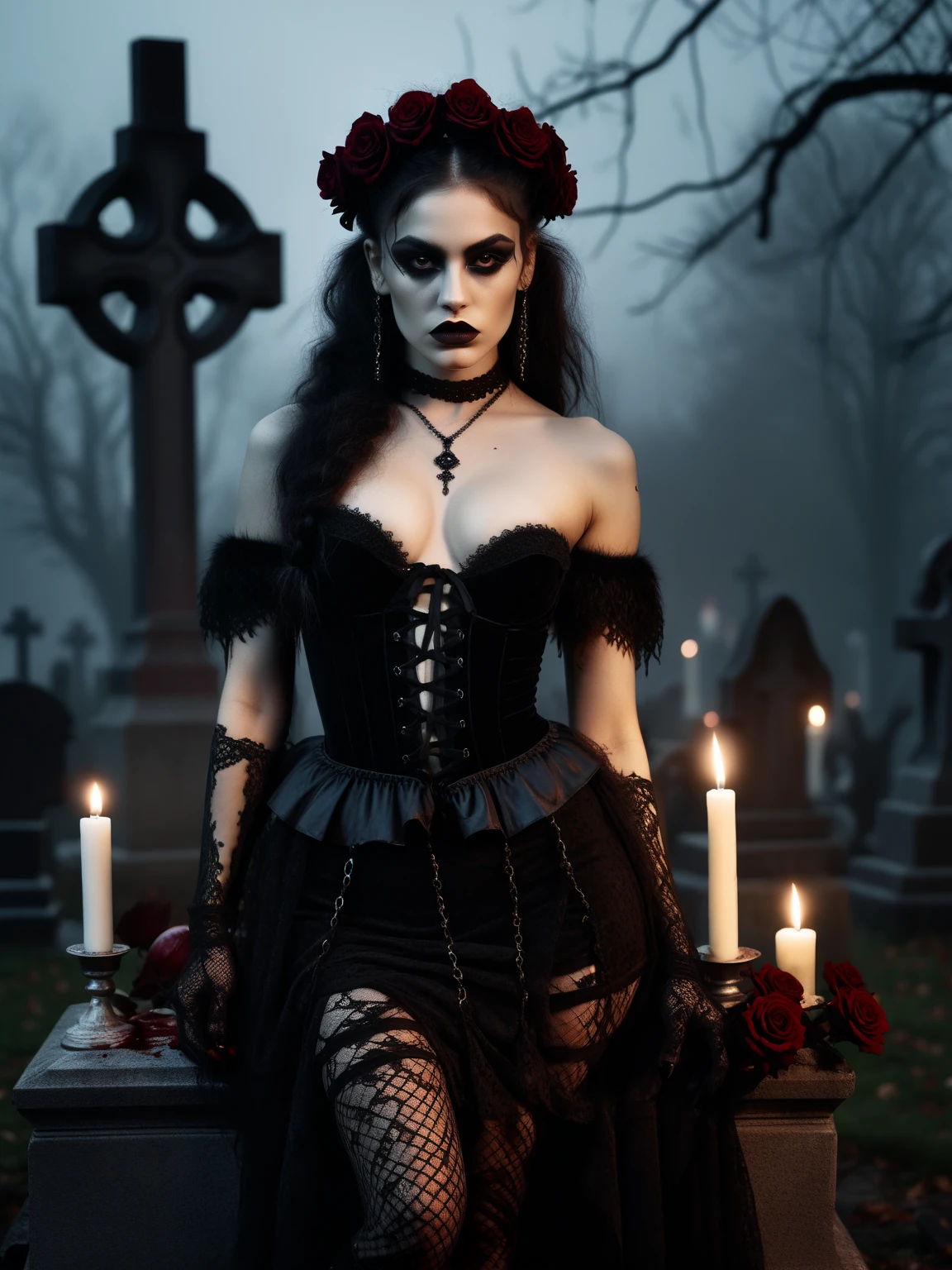 A beautiful woman, hourglass figure, large breast , long black hair, black lipstick, blue eyes, seductive Goth style with Goth jewelry, wearing a (ornate Victorian corset in Duotone [red and black] style:1.3), standing in a cemetery  in the early at night under a full moon, (Fogcore style:1.3), (full body:1.3), hyper realism, 8k high definition, vibrant colors, sharp focus, insanely detailed