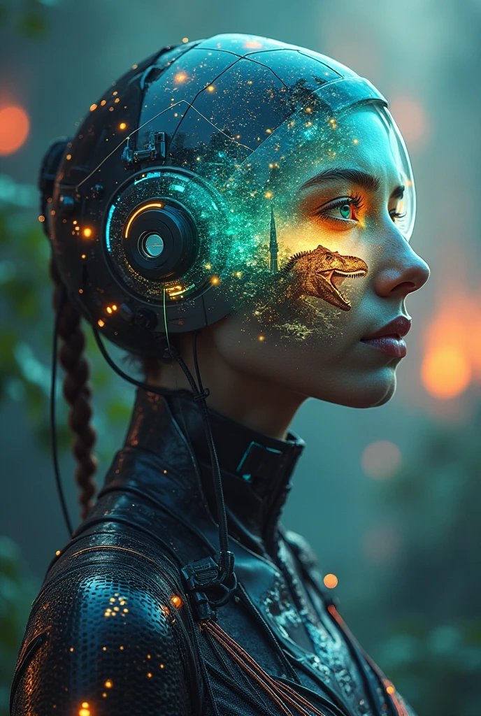Take acer on adventure,Acer notebook main point, close-up portrait of woman while holding acer notebook, robot asian girl have body like minotuar, surrealist, high quality, cinematic, low-key, galaxy paradise fall in background, jungle flower in foreground, film grain filter,