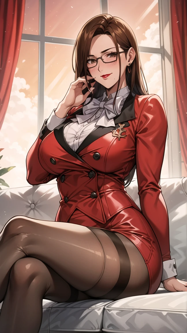 (((masterpiece, highest quality, High resolution)))), Highly detailed 8K, (mature woman:1.5) (ultra hd, super detailed, very detailed, very realistic, Super realistic, realistic pictures), (1 girl:1.5), (alone:2), (very cute), (brown hair), (white skin:1.5) long wavy hair, black eye, smile, parted lips, (huge breasts:1.2), Bedroom, sexy pose, cute face, abdomen, clavicle, (red playboy bunny suit, high leg leotard), fascinating look, enchanting eyes, Reminiscent expression, indoor, cowboy shot, from below, off shoulder, bare shoulders, Komertu, put your hands behind your back, (barefoot) (blush:1.3),Fishnet tights