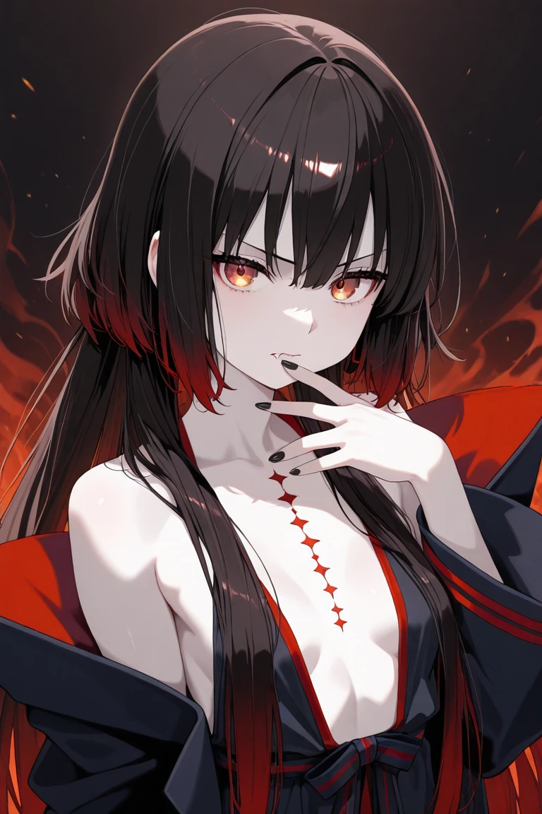Dark style, black hair, white skin, red eyes, long hair, bangs,underwear