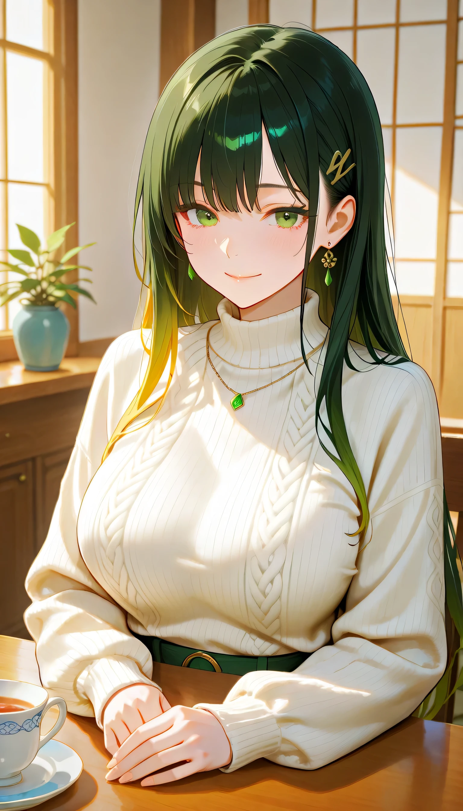 very detailed, ultra-realistic digital illustration of a beautiful young Asian woman, from the waist up, is set in a calm and peaceful environment. Perfect porcelain-like skin shines gently with a natural blush. expressive emerald green eyes, Expressive dark emerald green eyes, long, Delicately rolled eyelashes for perfect beauty. Subtle, has a gentle smile on everyday lips with a natural luster, emphasizes high cheekbones and gentle jawline.
Her silky black hair flows in long, 肩と背中に流れ落ちる波状のhair, creates a warm and inviting atmosphere. 細い前hairが繊細な顔を包んでいる, captures soft golden highlights. a small, simple hairpin rests near her temple, Adds a touch of understated elegance.
she is comfortable , large cream-colored knit sweater with soft texture and gentle creases, is set in a calm and peaceful environment. The high neck modestly emphasizes her slender neck, The intricate patterns and shadows on the fabric bring a sense of reality and depth. with long sleeves 、slightly covering her hands, enhances a cozy and nostalgic atmosphere.
depicts a calm and familiar indoor setting, Natural sunlight shines into the room through softly illuminated windows. A wooden bookcase full of books, A cup of tea placed on a desk, and small horned potted plants add warmth and comfort to live in. This composition is wrapped in soft light, Soft White, and gentle gray creates a calm atmosphere, creates a comfortable and relaxed atmosphere.
She is gently staring at her with big eyes, 拡散自然光 , Her thin bangs cover her delicate face, hair, and background elements . The gentle interaction of light and shadow enhances the sense of depth, This image is very vivid It makes it very immersive.
This ultra-high definition, High quality illustrations capture the essence of beauty, combines warmth and realism into an intimate and quiet setting, for perfect beauty