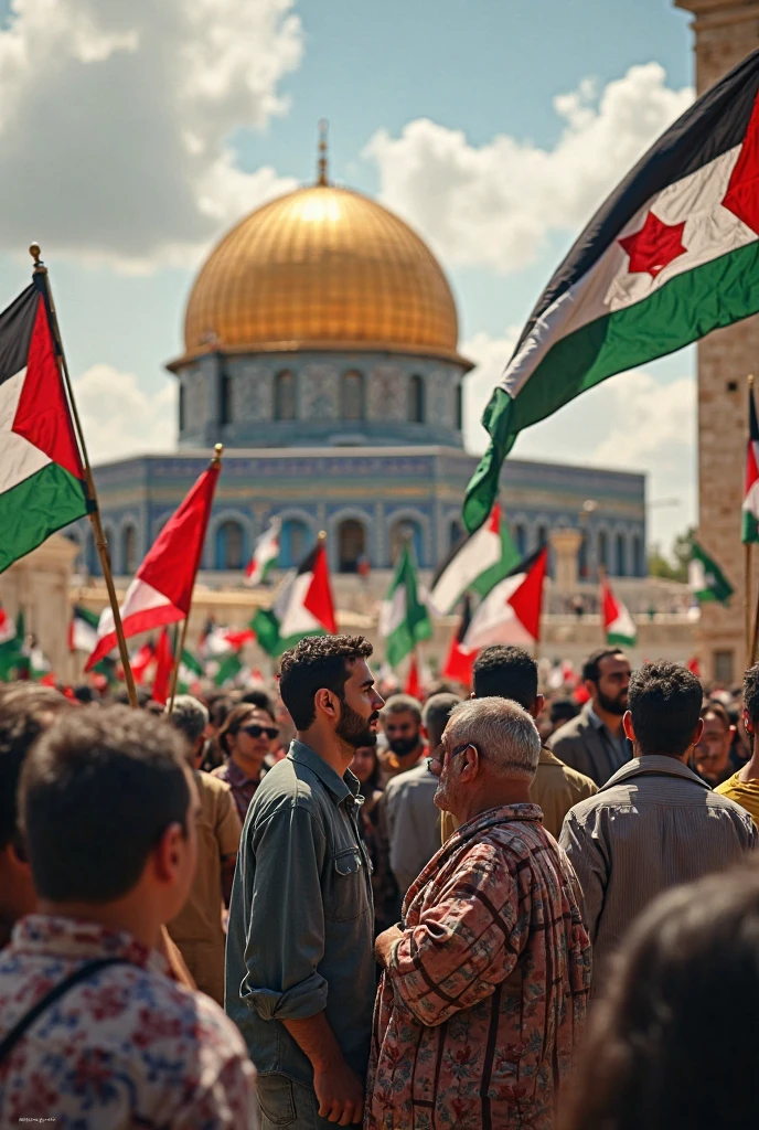 Scene of violence in Jerusalem at the Western Wall, two crowds on opposite sides, Palestinians carrying flags throw stones, on the other side rabbis flee, strong and violent dinner, angry crowd, Realistic Scene, 8k, volumetric lighting, High details.