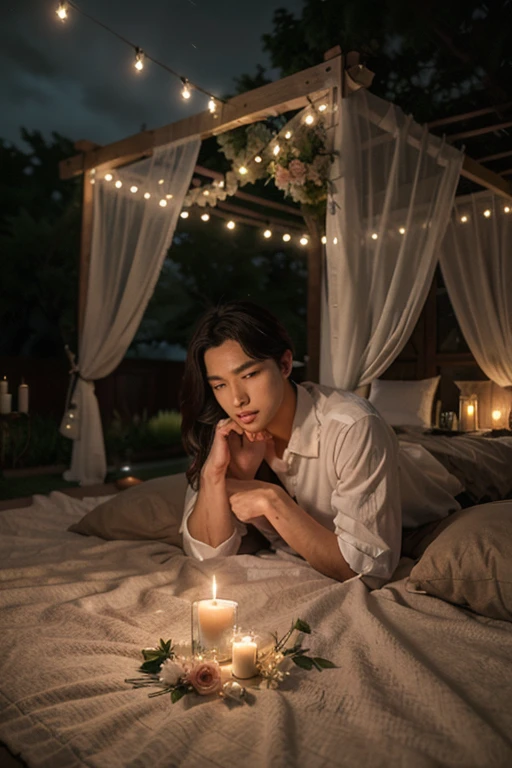 Boy short side combed black hair, yellow eyes semi marked athletic body gym boy Boy sitting on the edge of a bed facing forward illuminated by the moonlight Shirtless clothing in shorts