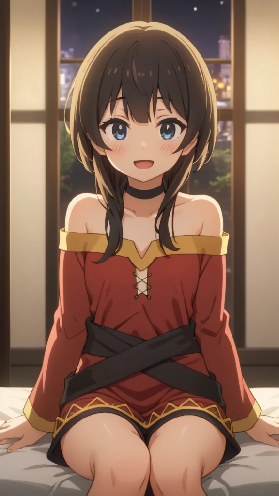 masterpiece、16k high resolution photos、Ultra-detailed、highest quality、Perfect Anatomy、(Photorealistic:1.4)、(Megumin)、1 girl、(Shortcuts、Black-haired)、Red eyes、smile、Looking at the camera、(bra:0.5、White lace)、Beautiful cleavage、Hard chest。Large Breasts:1.5、Beautiful and smooth、Huge Ass:1.6、Wide hips:1,6、(High leg panties:1.4、White lace)、Bedroom Background、Look forward、standing、Various poses、