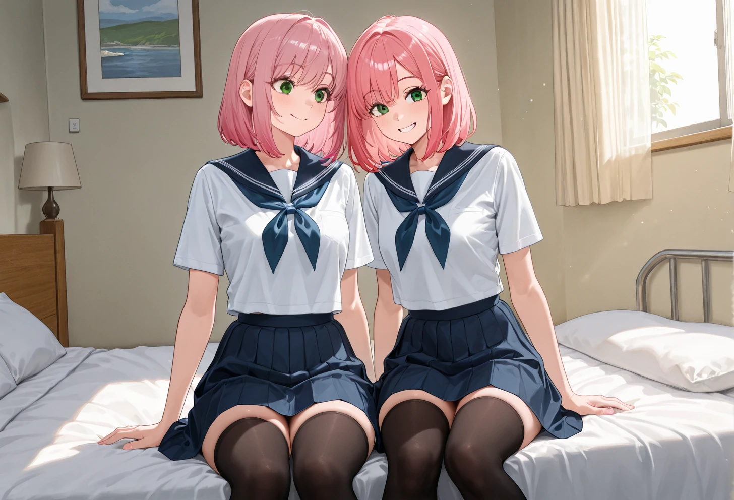 2 girls, ((smile:1.3)), shirt, skirt, (Small breasts),((classroom:1.5))、、(blush:1.5)、Worried brow、Kamimei、look at me、、 Taking a break from watching the audience、((青いチェック柄のskirt:1.5))、((fun!!))、Cowboy Shot、Blonde、(skirt lift:1.3),(Highly detailed panties:1.3)、(Highly detailed pink striped panties:1.3)、、(skirt that rolls up:1.3)、(Full-fledged panties:1.5)、,((Pure white cardigan))、Light blue eyes、Glowing Eyes