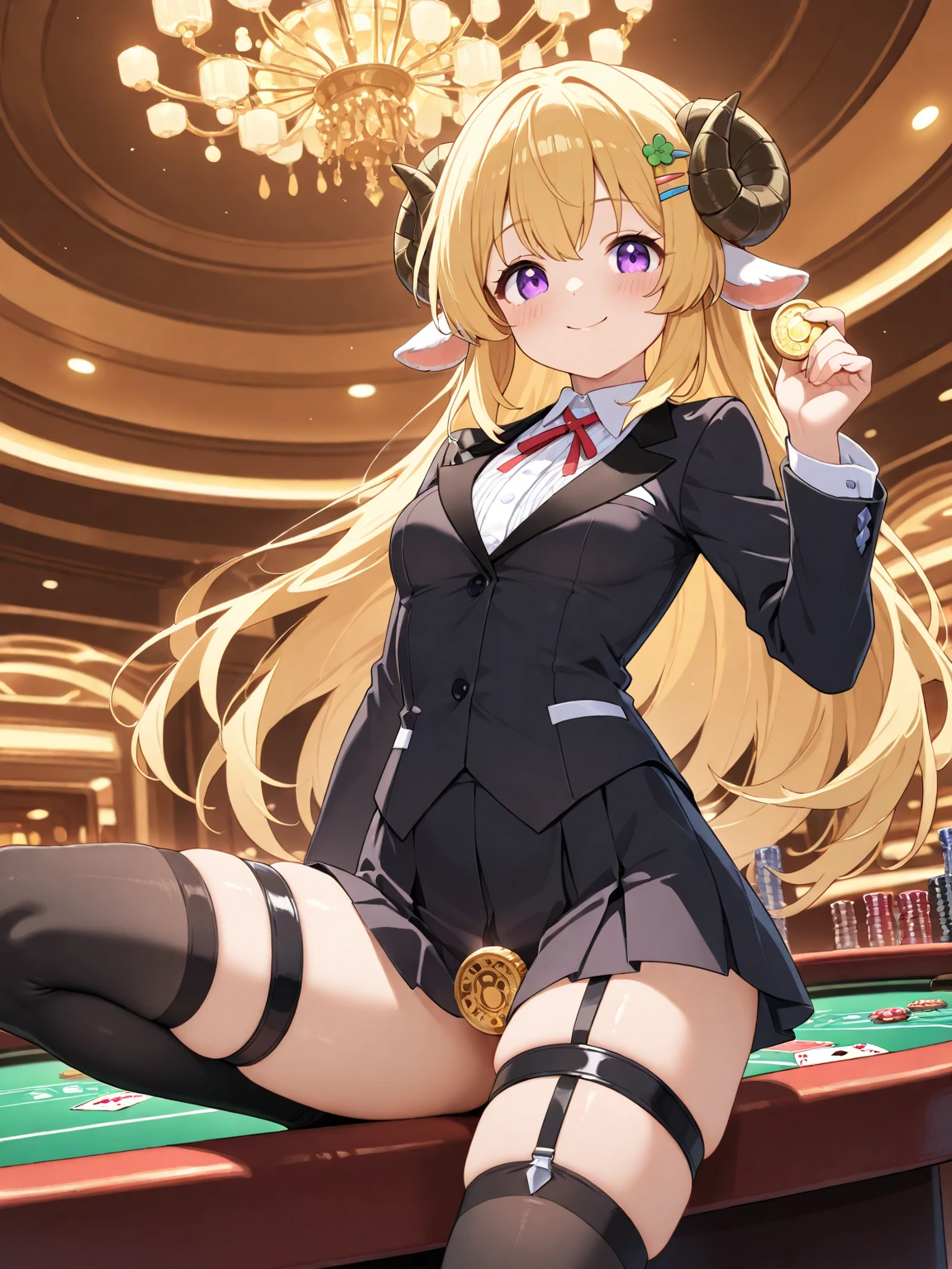 Elf, golden hair, hime cut, huge breast, thicc thigh, golden bunny outfit, deep cleavage, midriff open,  golden string net, golden heels, casino, clear view, 