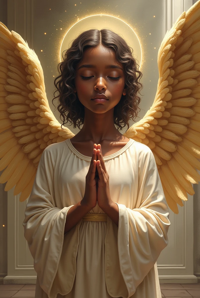 Create a scene of a realistic BLACK child with angelic wings for prayer videos. The child should have a serene expression, dressed in soft, white clothing, and looking directly at the camera with their eyes open. The angel wings should be delicate and white, attached to the child's back. Place the child in a celestial environment, with a gentle, golden light surrounding them, evoking an atmosphere of peace and spirituality. This image will be used as a visual representation in prayer videos, creating a sense of serenity, hope, and divine protection. Please focus on capturing realistic details and the child's gentle gaze towards the camera. Thank you!