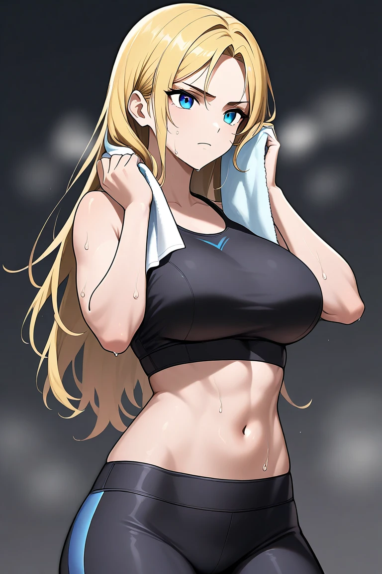 1girl,solo ,blue eyes, long hairs,ponytail, track jacket ,track suit ,open jacket, tank top, abs ,underboob,groin,sweat