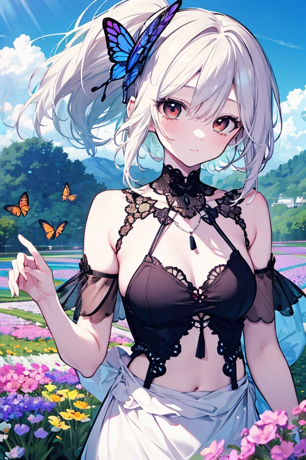 (masterpiece,ultra-detailed,best quality:1.5)(uncensored,mosaic censoring,realstic,illustration,perfect-composition,Clean skin,photographical skin,shiny skin,shiny hair, detailed beautiful face,photographical hair,detailed background,shaved:1.2),(petite girl:2) (twin tails,long hair:1.4),straight hair, (butterfly style,butterfly:1.2),(flower,flower dress:1.6),