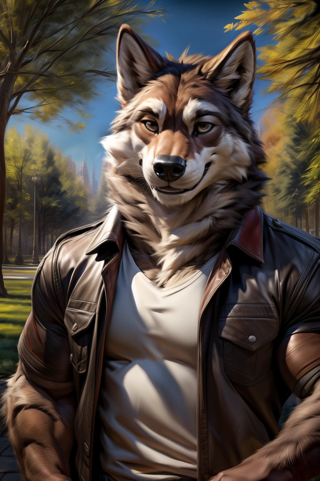 ((By Zaush)), ((By Chunie)), ((By Darkgem)), handsome furry anthro young adult male Grey Wolf with nice brown hazel eyes, wearing a burgundy t-shirt with a black denim jacket, jeans, shoes, clothing, background setting, outside, park, nature, trees, (head shot), friendly smile, smiling softly, friendly, friendly smile, male, nice, realistic, detailed fur, detailed, lighting, detailed, shading, detailed clothing, detailed eyes, detailed features, wolf, furry, male furry, furry wolf, ((grey fur)), dark grey fur, furry anthro, looking at viewers, detailed background, muscular, muscular male, buff male.