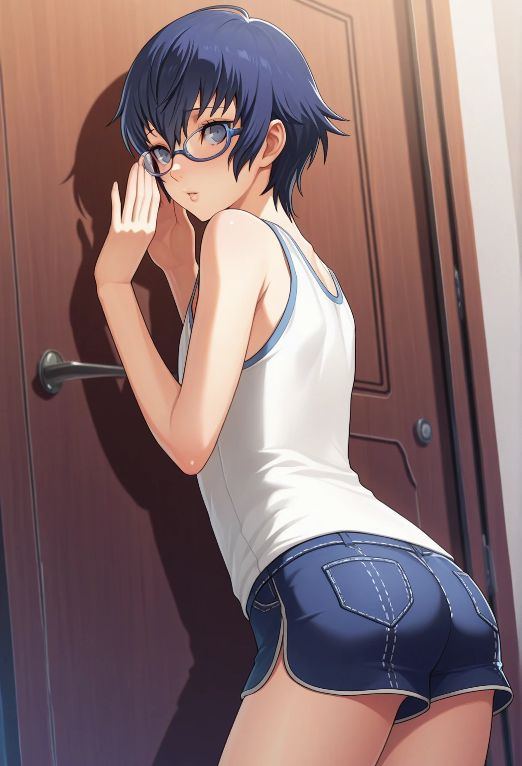 ((femboy)) he has hair ((off white)) messy, an upward-pointing strand and messy bangs, Ele tem olhos azuis, fair skin and flushed cheeks. He wears gloves that cover the wrist to the elbow, On the side of his shoulder he has a pink butterfly tattoo with blue edges. He wears a black sleeveless outfit that hugs his body.., with a heart on the chest and a purple and pink color palette., he wears white pants connected to tight clothes. He's on all fours, lain, anal sex, Ahegão, Making the peace symbol with your hands, sitting on a man&#39;Lap, anal sex, enjoying, he has hairs BRANCOS, NSFW, messy white loose short hair