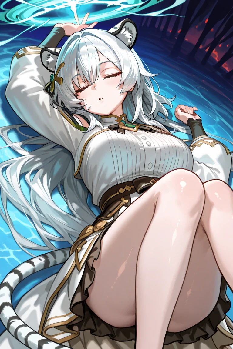 1 woman, flower, alone,halo, long hair, cat ears,gray hair, pink flower, seat, white flower, cat tail, water, rose, naked, red flower, Exposed nipples, exposed pussy, Visible nipples, visible pussy, waist exposed, headrest, pink eyes, closed mouth, pink rose, blue flower, forehead, girl about ,식water, attractive body, exposed body,girl lying on her back on the floor, front view, chained leather strap, with arms chained,chained legs, medium sized breasts and hips ,flexible and curved body, balanced body ,보송보송한 cat ears와 꼬리, powerful diaphragm, wide hips, big, perky breasts, confident smiling face, Pose with both arms behind the head