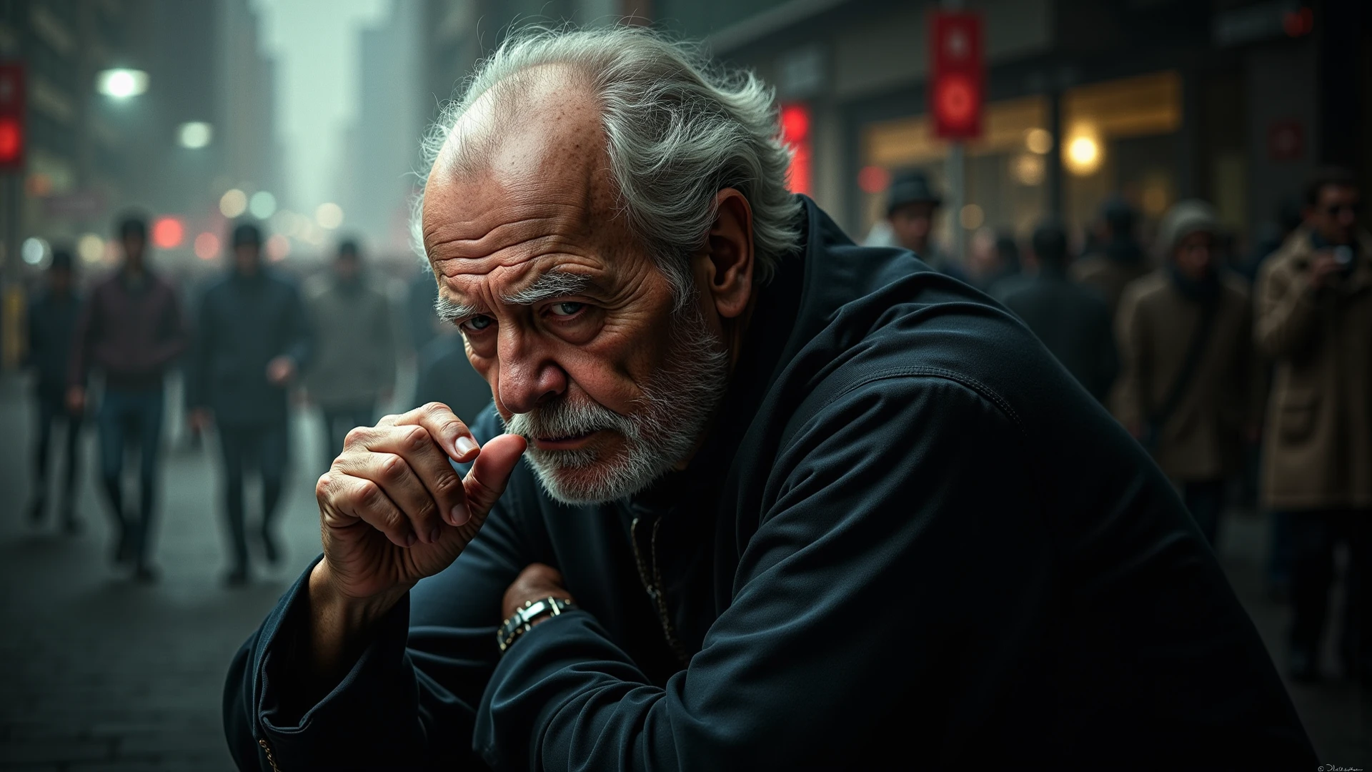 Rodolfo with a bitter expression, holding a cigarette while looking out the window towards the street.
Editorial staff of a newspaper.
With buildings in poor condition
