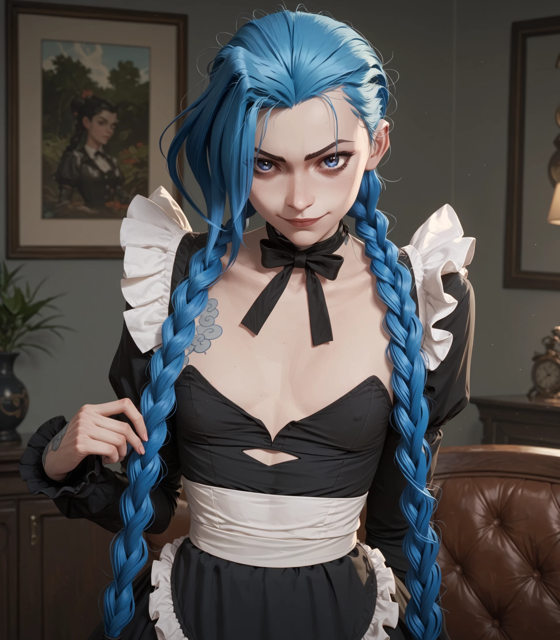 Lora: jinx, blue eyes and blue hair smirking small breasts maid outfit all black, full sleeves , flat chest
