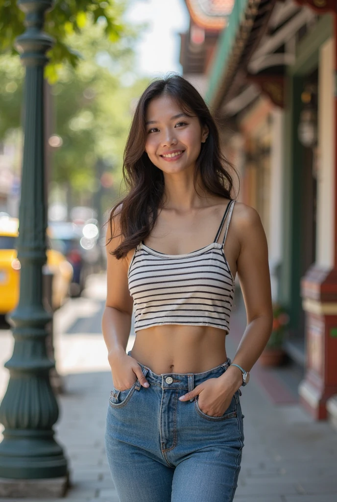 slightly tanned filipina with chinese eyes, straight short black hair up to shoulders, wearing muscle tank top black shirt, denim blue maong skirt, converse all star black, around 20 years old