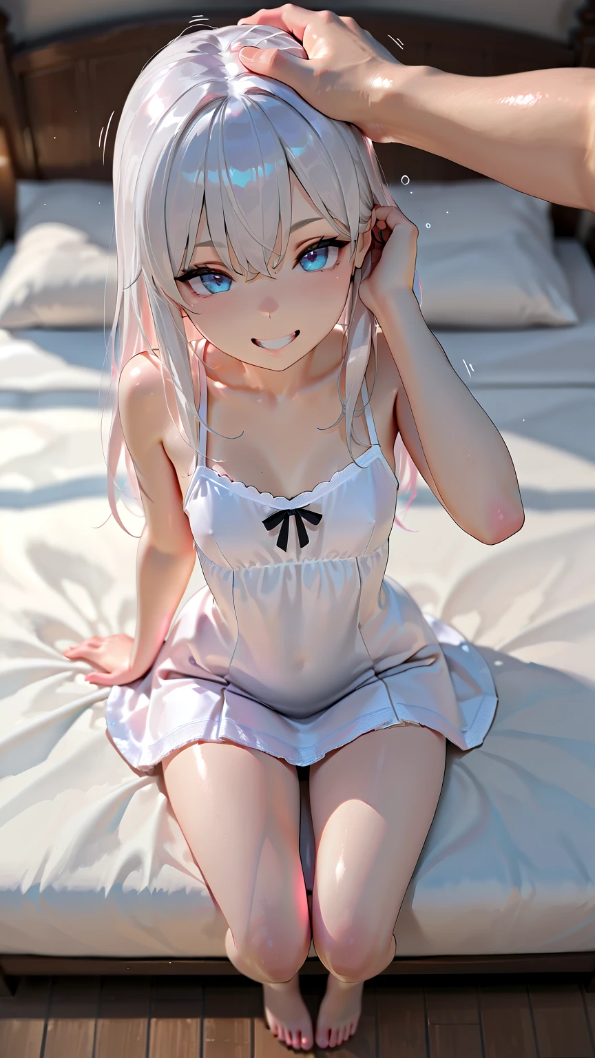 pure white milk, Romantic and fresh, Cute short skirt, princess sitting on bed, Whole body，White stockings，Cat's ears，Little Breast