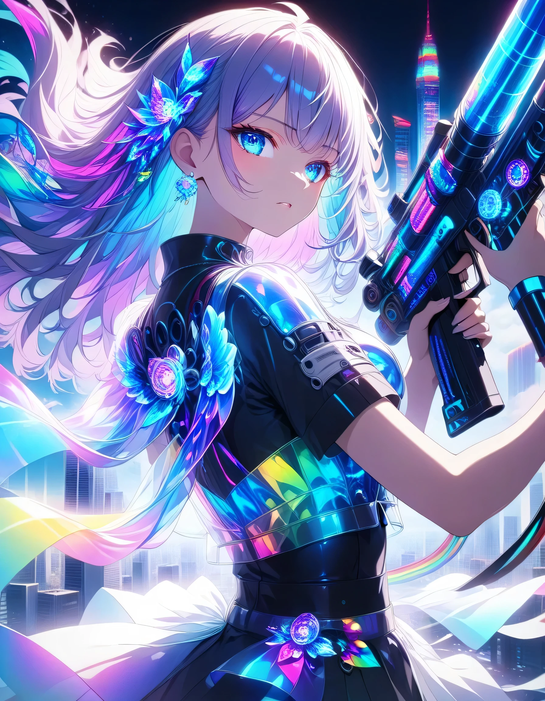 High Resolution Anime Images、at a dynamic angle from above、against the background where the trajectory of blue and purple light and shattered rainbow-colored glass spreads、Multi-colored Hair(side profile、side where the gun is directed、Wavy hair with a gradation from black to neon cyan、silky shiny and messy texture、LED light wire decoration woven into part of her hair、emphasizes movement that flutters in the wind)Beautiful girl holding、futuristic blue and white armor(Metallic luster、multiple joints and mechanical elements)Wearing、Designed to laser engrave the city skyline by cutting up the、brave and angry expression holding up the launcher、dynamic cloth and ribbons emphasize fighting spirit、The contrast between light and shadow and delicate textures is serious and fascinating with a launcher that emits hyperrealistic 2.drawn in the highest quality with 5D digital CG。