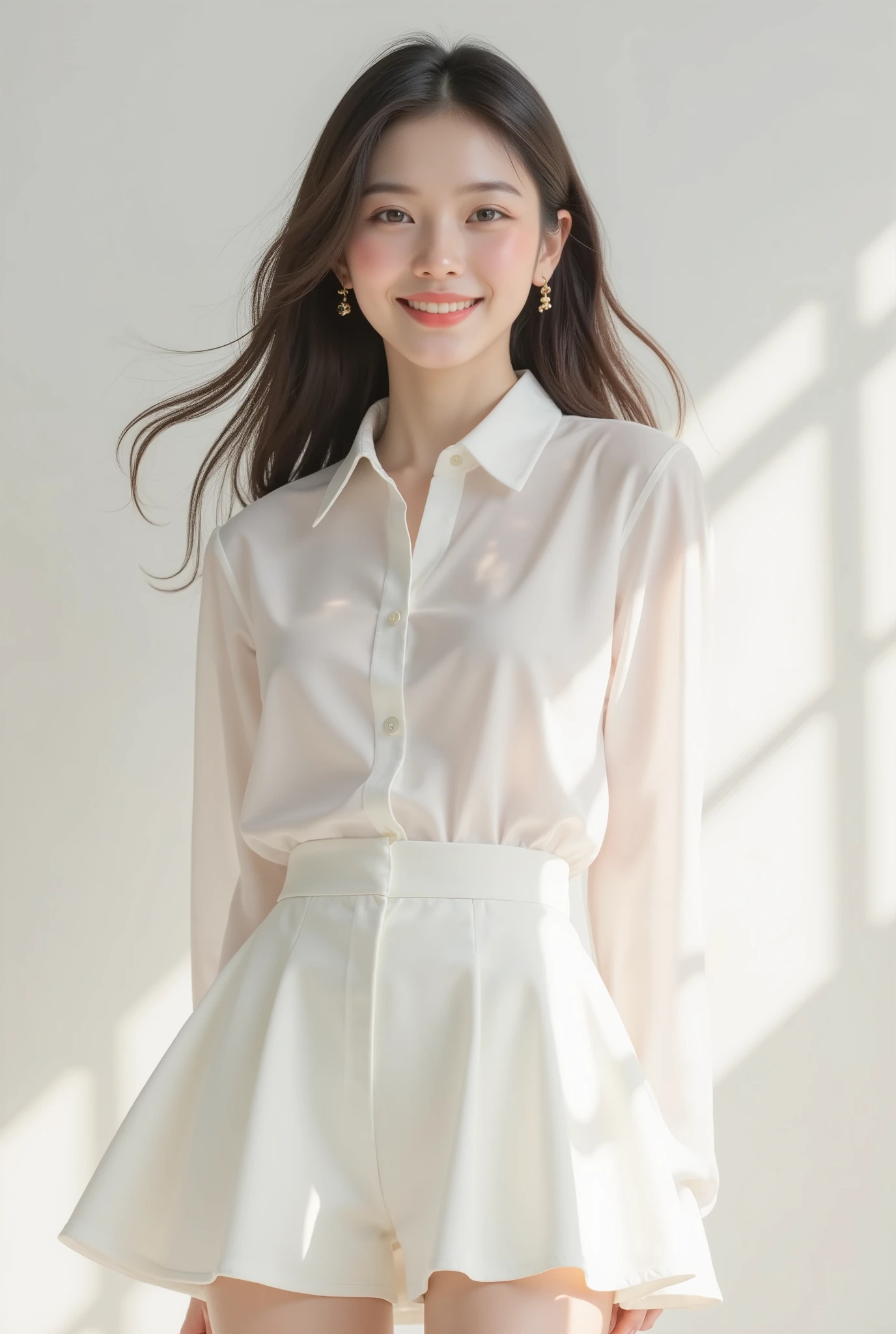 Capture a stunning, professional portrait of a breathtakingly beautiful Asian model, showcasing her luminous and smooth white skin that radiates a warm, sun-kissed glow. Her perfect figure is accentuated by a fitted white shirt that highlights her curves, paired with a stylish A-line miniskirt that flairs out at the hem, creating a playful and flirtatious touch. The model's baby-like smile is infectious, revealing a hint of mischief and innocence that draws the viewer in. The lighting is soft and natural, with a subtle golden hue that enhances the model's features and creates a sense of depth and dimension. The background is a clean and minimalist white or light gray, allowing the model to be the focal point of the image. The overall mood is one of elegance, sophistication, and effortless beauty, as if the model has just stepped out of a high-end fashion magazine. The image should be shot in a studio or a well-lit indoor setting, with a shallow depth of field that blurs the background and emphasizes the model's sharp features. The camera angle is from directly in front of the model, with a slight tilt to one side to create a sense of movement and energy. The image should be rendered in high resolution, with a color palette that is bright, vibrant, and true to life. The level of detail should be exquisite, with every texture, fold, and curve of the model's clothing and skin rendered in precise and realistic detail.