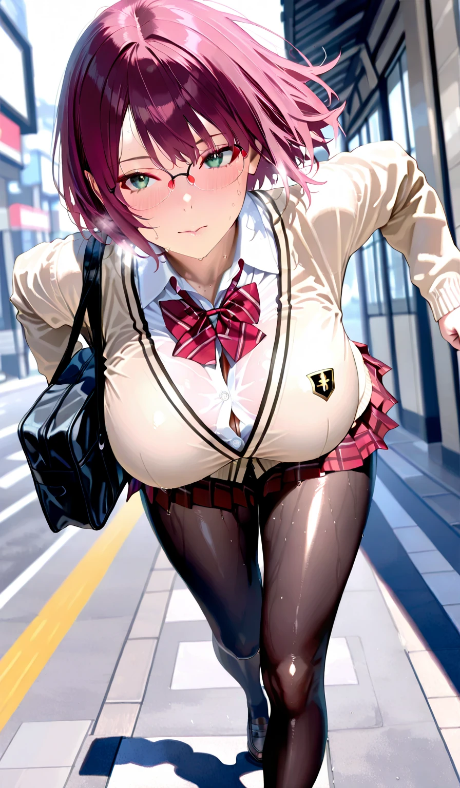 (Masterpiece), short hair, 1girl, floofy hair, curly hair, brat, tsundere, short slirt, highschool uniform, school girl, tie, embarrassed, blushing, wobbly mouth, (angry), from behind, red hair, looking at viewer, outside, backpack, Pink Lacey panties, sexy, very chubby butt, one breast popping out, huge breast,