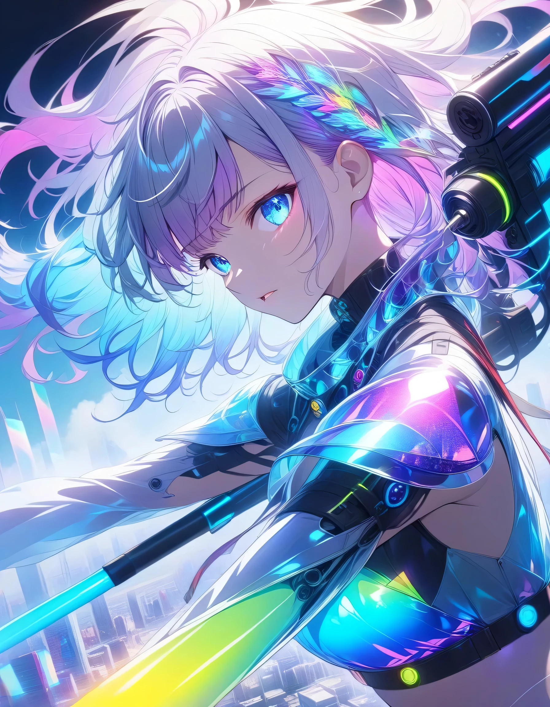 High Resolution Anime Images、at a dynamic angle from above、against the background where the trajectory of blue and purple light and shattered rainbow-colored glass spreads、Multi-colored Hair(side profile、design with the sides trimmed up and laser-engraved with a city skyline、Wavy hair with a gradation from black to neon cyan、silky shiny and messy texture、LED light wire decoration woven into part of her hair、emphasizes movement that flutters in the wind)Beautiful girl holding、futuristic blue and white armor(Metallic luster、multiple joints and mechanical elements)Wearing、ランチャーを構える、brave and angry expression holding up the launcher、dynamic cloth and ribbons emphasize fighting spirit、The contrast between light and shadow and delicate textures is serious and fascinating with a launcher that emits hyperrealistic 2.drawn in the highest quality with 5D digital CG。