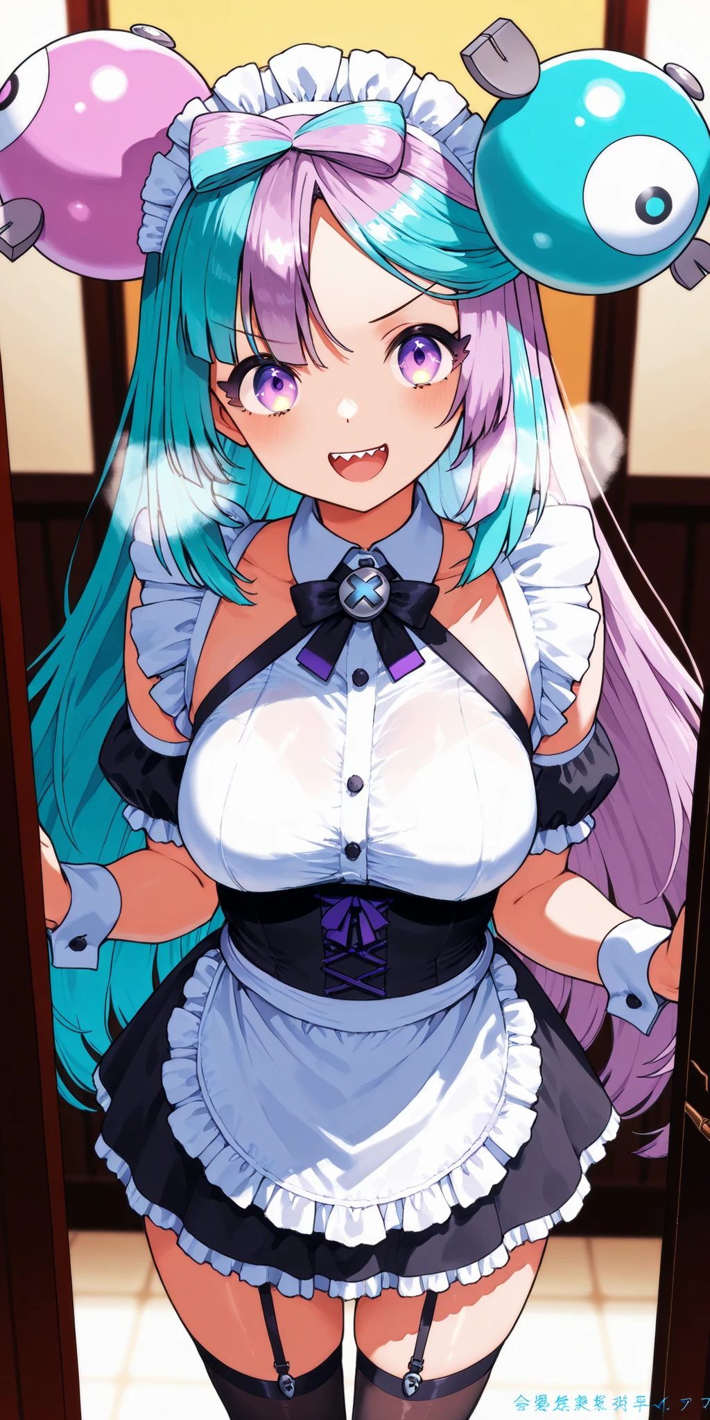 best quality、best quality、masterpiece、one girl、source_anime, aaiono、standing、nasty pose、embarrassingポーズ、heavy breathing、nasty eyes、looking over here、excitedした顔、excitedした表情、 Big 、overview、excited、embarrassing、maid服、maid、