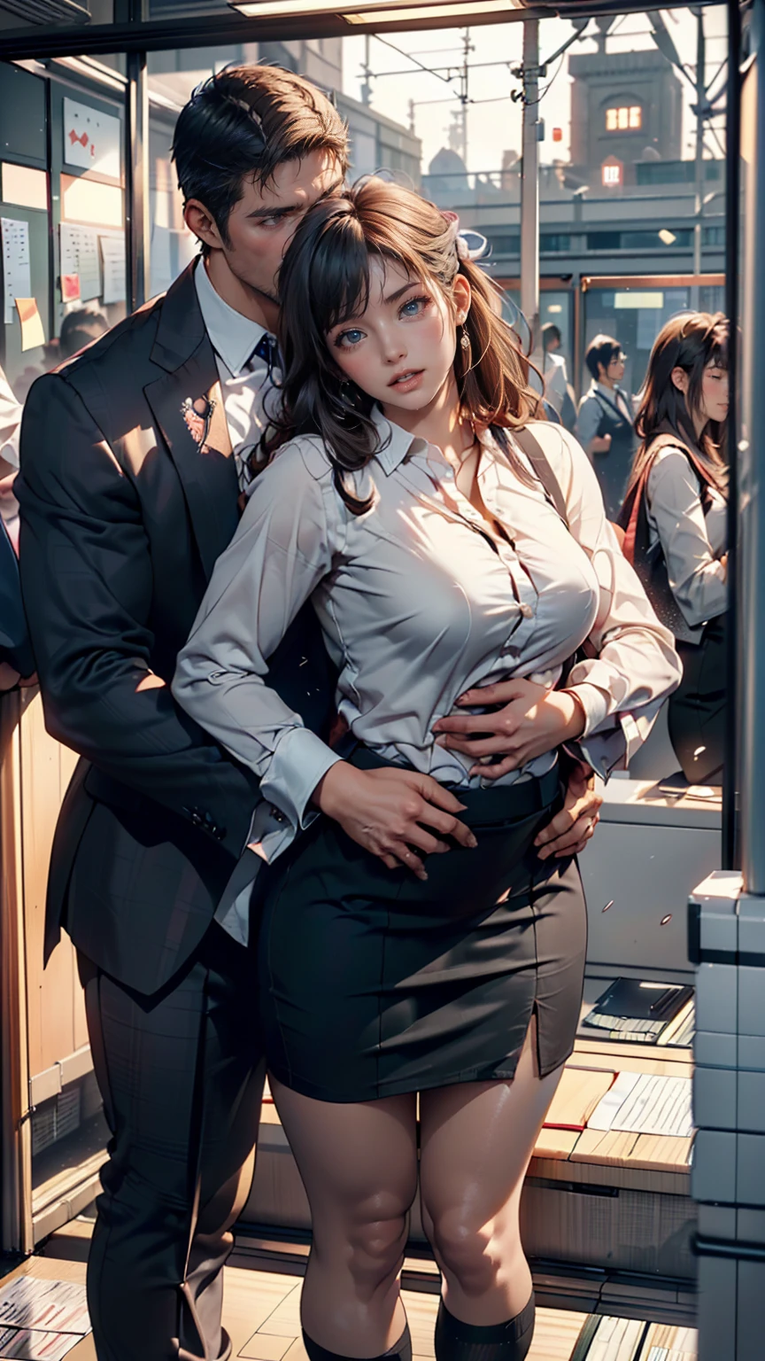 1girl, (2boys), three people, 1、 (nose blush, Naughty, half opened eye, ), [Full body shot]、Plenty of love juice、pale pubic hair、Full body shot,body piercings,Large open legs、Head-to-toe shots、Squirting、slightly turned to the side、hips move up and down、Chest sways up and down、Crying in pain、Swing your hips up and down violently、Ahegao、Lower your hips deeply、hips are on the floor、hanekawa tsubasa、her black hair is tied into two braids、eye glass、Colossal tits、Colossal 、Her body is tied with ropes、Chest pressure.、Tearing off the whites of the eyes and fainting、Keep your hands on your head、Standing on one leg、