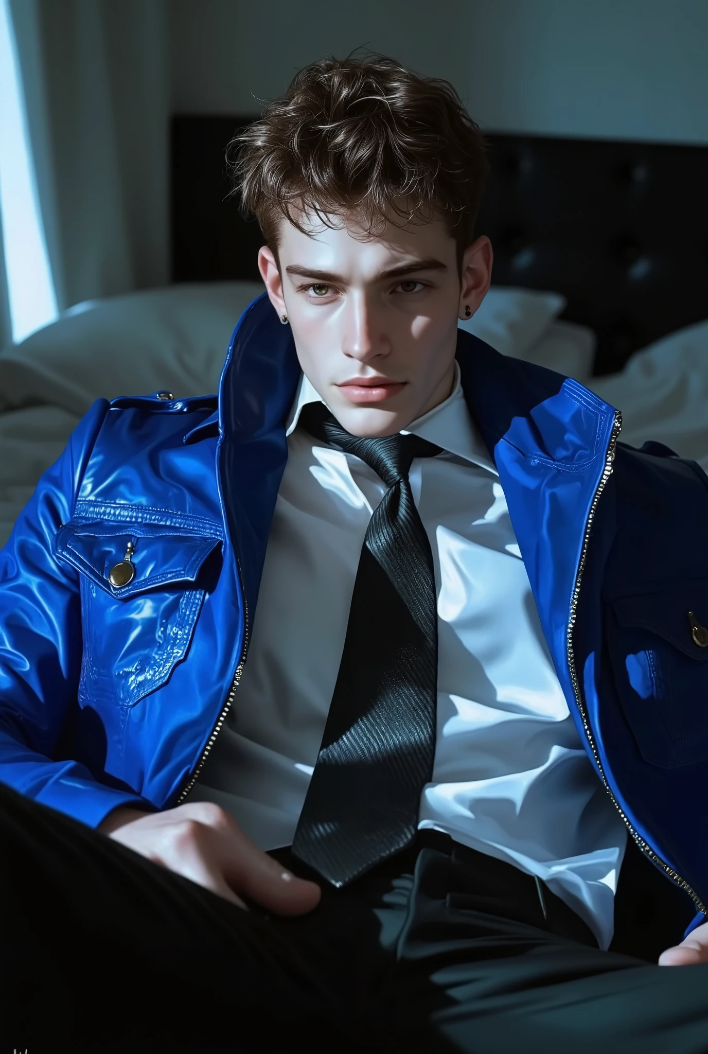 First person point of view, A handsome young man with short brunette hair, hazel eyes, On the bed, Sit-up position, wearing: The upper part of the outfit consists of a sharp mix of rugged and refined elements: a royale blue suede wrinkled zip-up jacket layered over a classic white dress shirt slightly open and a loose black tie. The contrast between the rugged texture of the jacket and the formality of the shirt-and-tie combo gives it a bold, fashion-forward edge with a touch of street-smart sophistication (masterpiece:1.2), (best quality:1.2), (very aesthetic:1.2), (absurdres:1.2), (detailed clothes:1.2), (detailed eyes:1.2), (EyesHD:1.2), newest, intricate details, dark lighting, dramatic atmosphere, slightly high angle, chiseled chest.