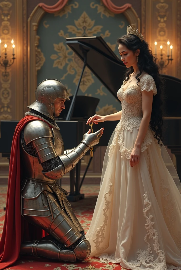Knighthood ceremony, Acored, (1 woman and 1 man is existence), front view, Full-body, 13 century, English, White girl, England queen, 30 age-old, (blend hair, hair bun, little lip, little smile ) (tiara, earring), (middle breasts, slender whist, middle hip), slender body,(ancient old fashion, courtly romance), hands hold Crusader sword, sword put on knight shoulder, on floor, standing palace in London, (Englishman, 40 age-old, gold hair, middle hair, beard, mustache, Serious),Cover the whole body in armor, The handle is cross-shaped, It is decorated, kneeling , down head, (masterpiece, Highest quality, masterpiece, God-like quality, Godly art, Very realistic),