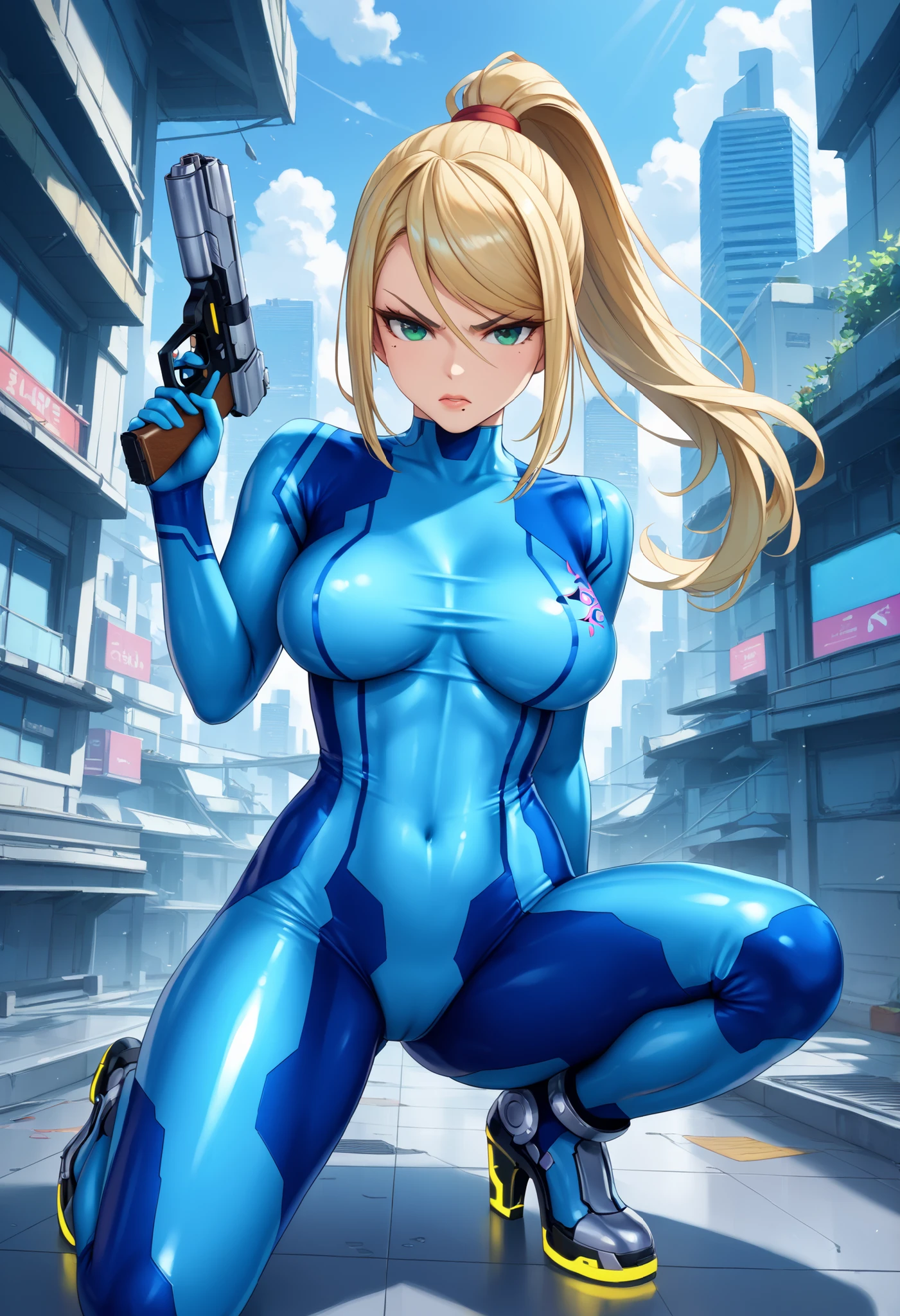 masterpiece, best quality, integrated scenery, integrated background, extremely delicate and beautiful, meticulous details, good composition, , cute face, perfect face, perfect hands, 1girl, Samus Aran (\Metroid\) very_young_1teen,solo, ponytail, blond hair, (blue_metallic_bodysuit:1.5), meticulously_body_shaped_bodysuit,thin_bodysuit, green eyes,angry_eyebrows, in futuristic city, high quality, (large_breasts:1.4),(covered_nipples:0.2),crotch,(crotch_slit:0.2),apart_legs,slouch,handgun,raise_knee,mole,:).,(abs:0.1),dynamic_pose,short_boots,aiming_handgun,(lips:0.8)