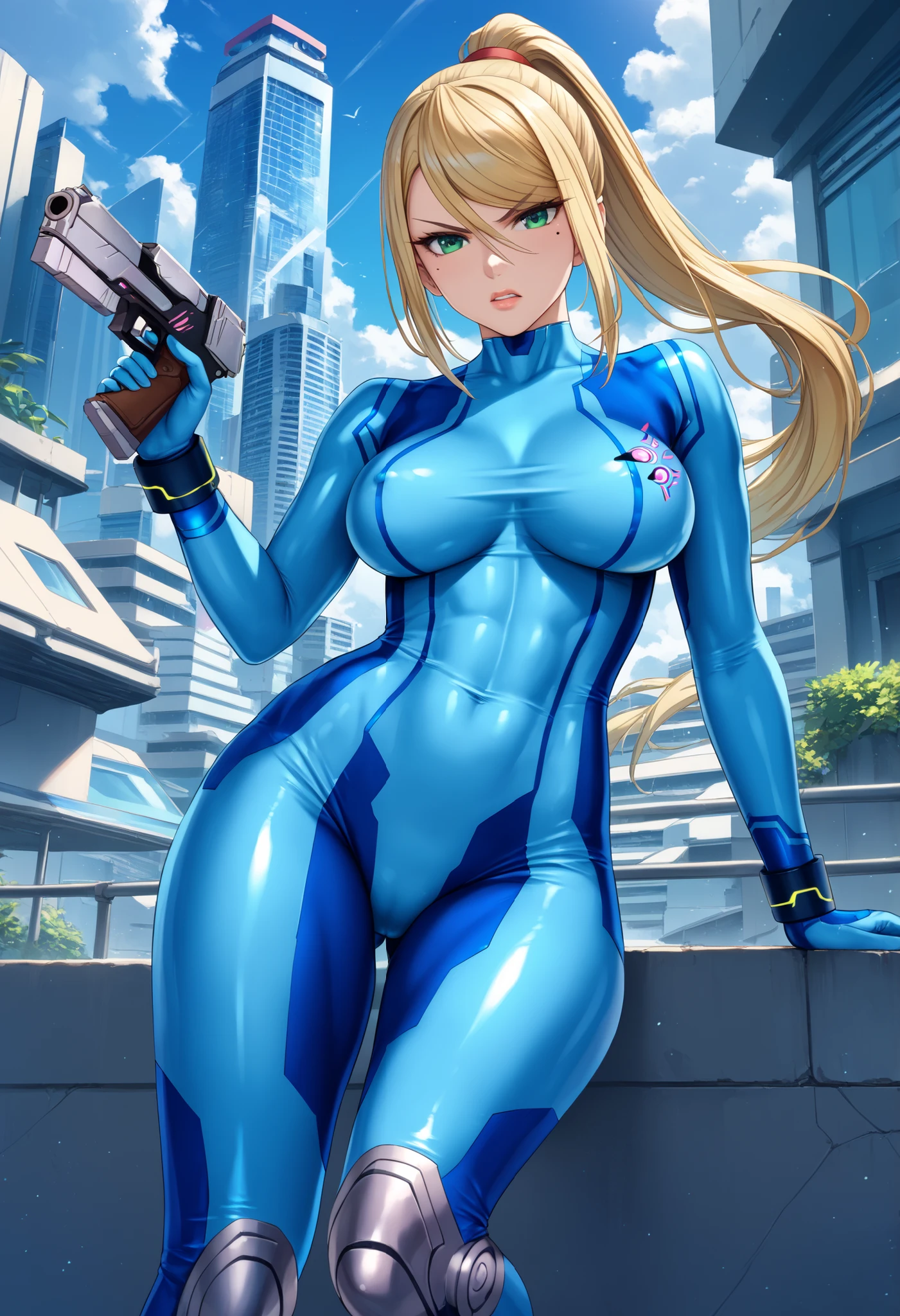 masterpiece, best quality, integrated scenery, integrated background, extremely delicate and beautiful, meticulous details, good composition, , cute face, perfect face, perfect hands, 1girl, Samus Aran (\Metroid\) very_young_1teen,solo, ponytail, blond hair, (blue_metallic_bodysuit:1.5), meticulously_body_shaped_bodysuit,thin_bodysuit, green eyes,angry_eyebrows, in futuristic city, high quality, (large_breasts:1.4),(covered_nipples:0.2),crotch,(crotch_slit:0.2),apart_legs,slouch,handgun,raise_knee,mole,:).,(abs:0.1),dynamic_pose,short_boots,aiming_handgun,(lips:0.8)