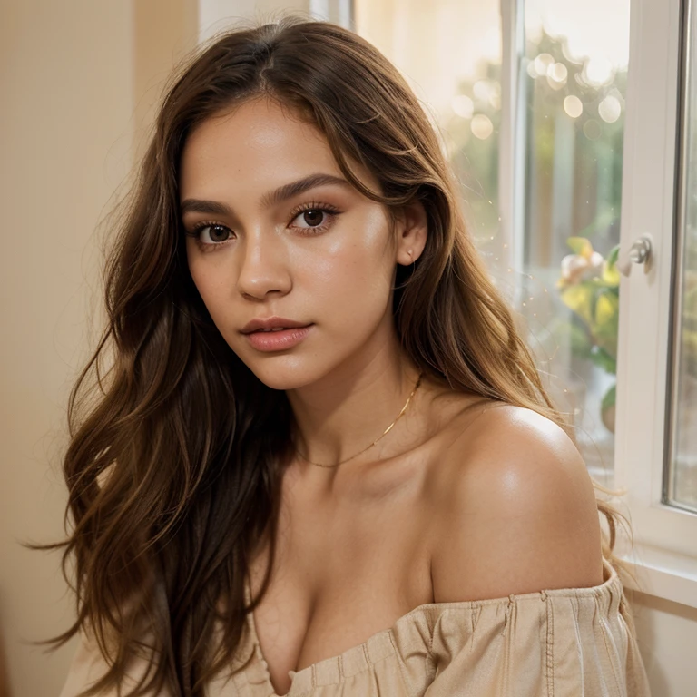 A woman is sitting on a sofa in a cafe, 26 years old, Long brown hair, natural wavy hair, wearing a stylish yellow dress, front view, very detailed,natural honey brown eyes, high-res, materpiece, best quality, intricate details, sharp focus, detailed skin, realistic skin texture, detailed eyes, professional, 4k, canon shooting, perfect fit body, extremely detailed, photo realistic, real life, photo taken from 4 feet away, taken just after sunrise, no people in the background, high aperture photo