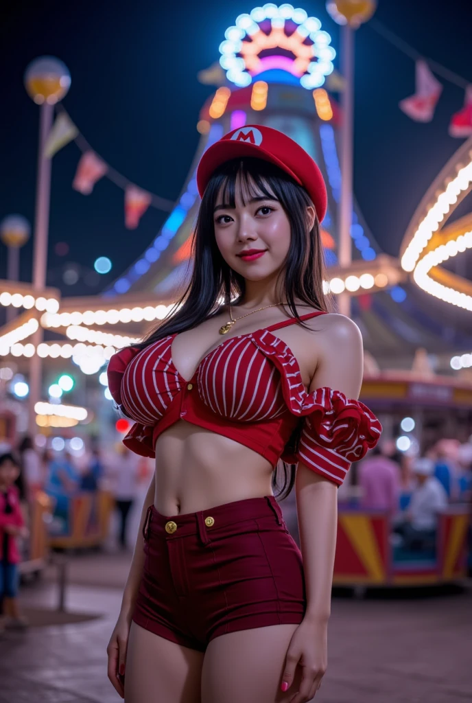 in 8K、(Ultra-realistic images)、ultra-detailliert、masterpiece、Live Action、Top image quality、top-quality、japanes、femele、16years old、The face is normal、((Pouty figure))、light blue bikini with frills、Cute smile、((Colossal tits:1.5))、 Beautiful fingers、beautiful nails、a blond、blue eyess、Bright red lipstick、She wears big earrings and a beautiful headband.、Harajuku Takeshita Street、In the crowd、Aside