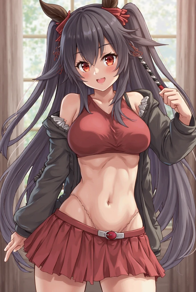 nsfw, best quality, 8k, detailed face, detailed eyes,1 girl, solo, lineart,black long hair, braid, one side up, bangs,whiteheadband, red eyes, medium breasts,topless,panty shot,lift up skirt,cleavage between breasts,rubbing own breast,sexy pose,plump body,seductive smile,naughty expression,excited,flushed cheeks,